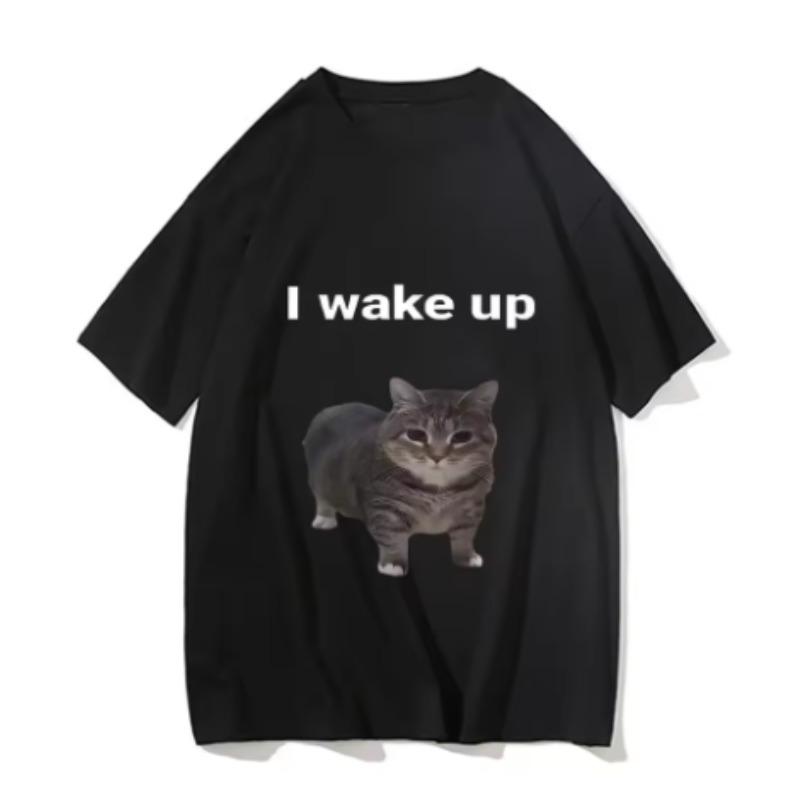 Женские милые футболки с кошкой L 'Wake Up' Забавные классные классические одежда для мужчин и женщин Харадзюку эстетика Винтажная уличная одежда Футболки Футболка
