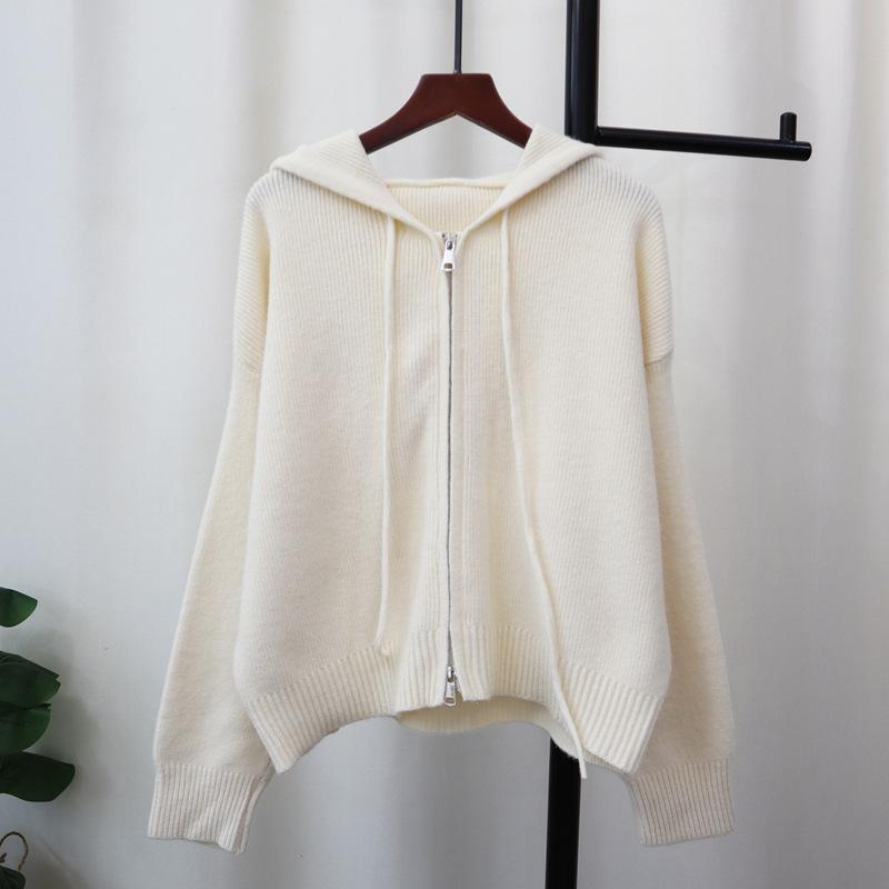 Double Zipper Hooded Knitted Cardigan Autumn and Winter New Short Design Loose Sweater Jacket Women