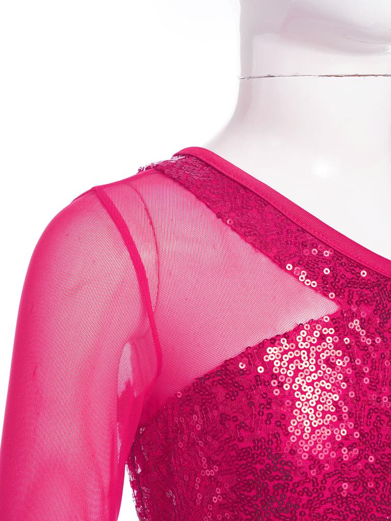 Детский танцевальный топ с блестками для девочек, прозрачный сетчатый укороченный топ с длинными рукавами и молнией на одно плечо для выступлений на сцене, соревнований