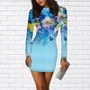 Long Sleeve Bodycon 3D Light Blue Dewdrop Flower Print Dress Women Mini Dresses Autumn Skinny Stretchy Party Vestidos