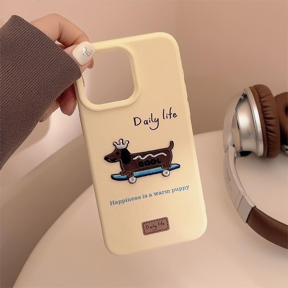 Korean Style Ins Embroidery 17pro Max Apple 16 Mobile Phone Case Iphone14 Three Dimensional Dachshund Dog Suitable for 13 Silicone