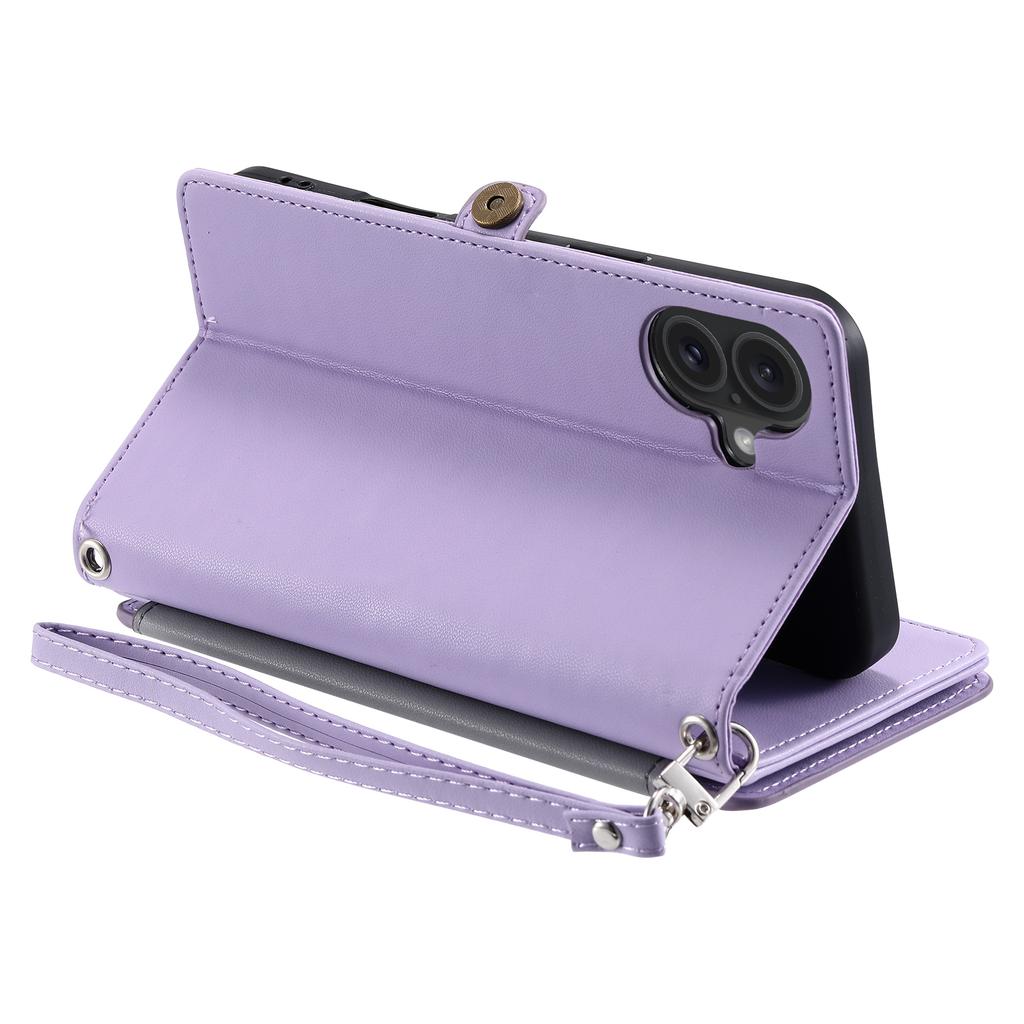 015 Style For iPhone 16 Plus Case Scratch-Resistant Leather Wallet Phone Cover with Straps