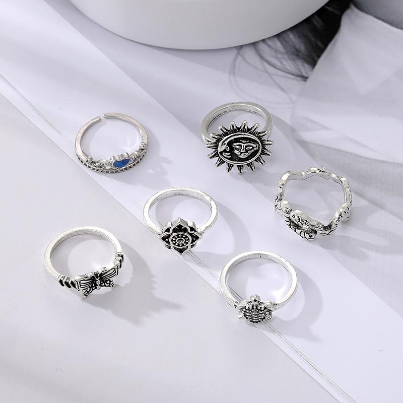 Старинное серебряное винтажное кольцо из 6 предметов, мужские и женские кольца со змеиным цветком, солнцем, бабочкой и черепахой, готический панк, эффектные ювелирные изделия, аксессуары для вечеринок