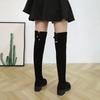 Весна и осень Новые модные тонкие толстые высокие каблуки с флокированными вставками женские сапоги выше колена современные эластичные зимние внутренние сапоги