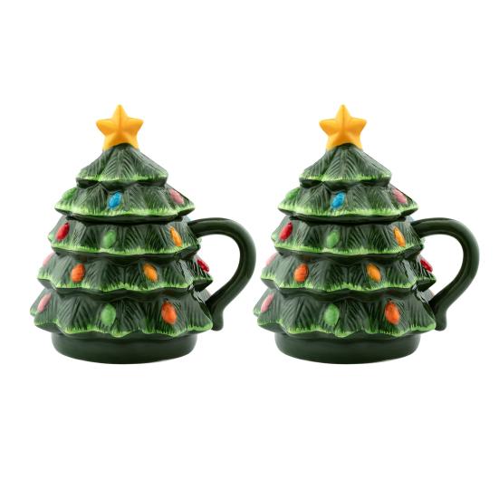 Christmas Tree Mug 16oz, Nostalgic Themed Lidded Tumbler for Coffee Hot Drinks Holiday Gift for Kids Friends Home Office Use