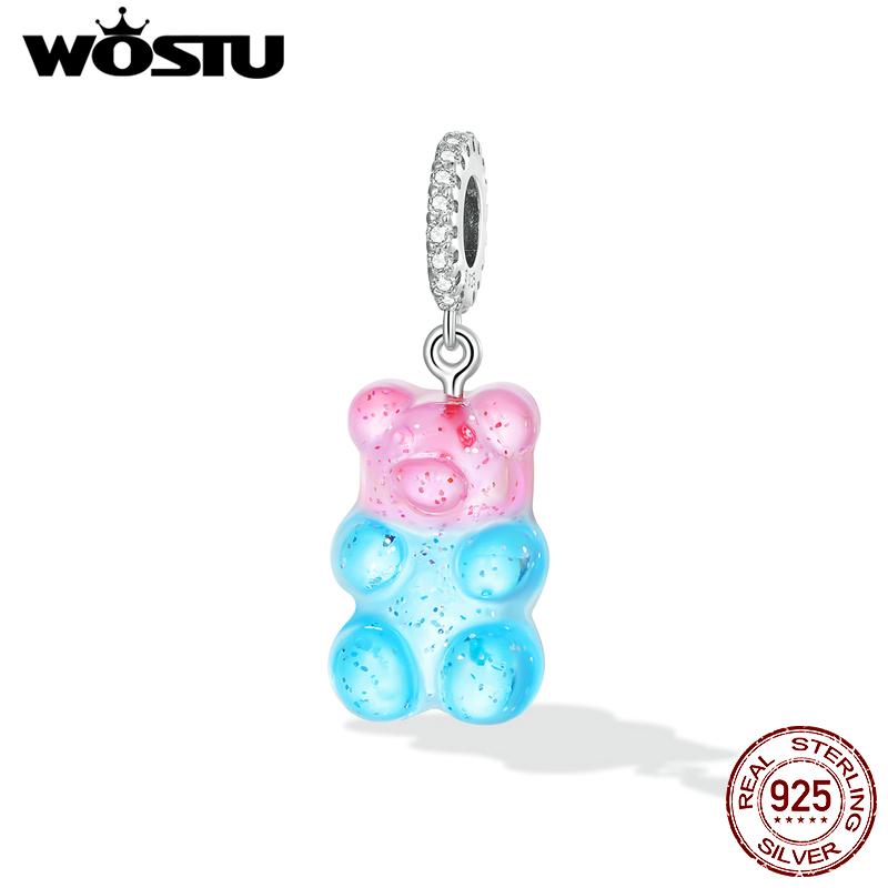 WOSTU Стерлингового серебра 925 пробы, сине-розовый градиент, карамельный медведь, подвеска-подвеска, подходит для оригинального браслета, ожерелья для женщин, ювелирные изделия