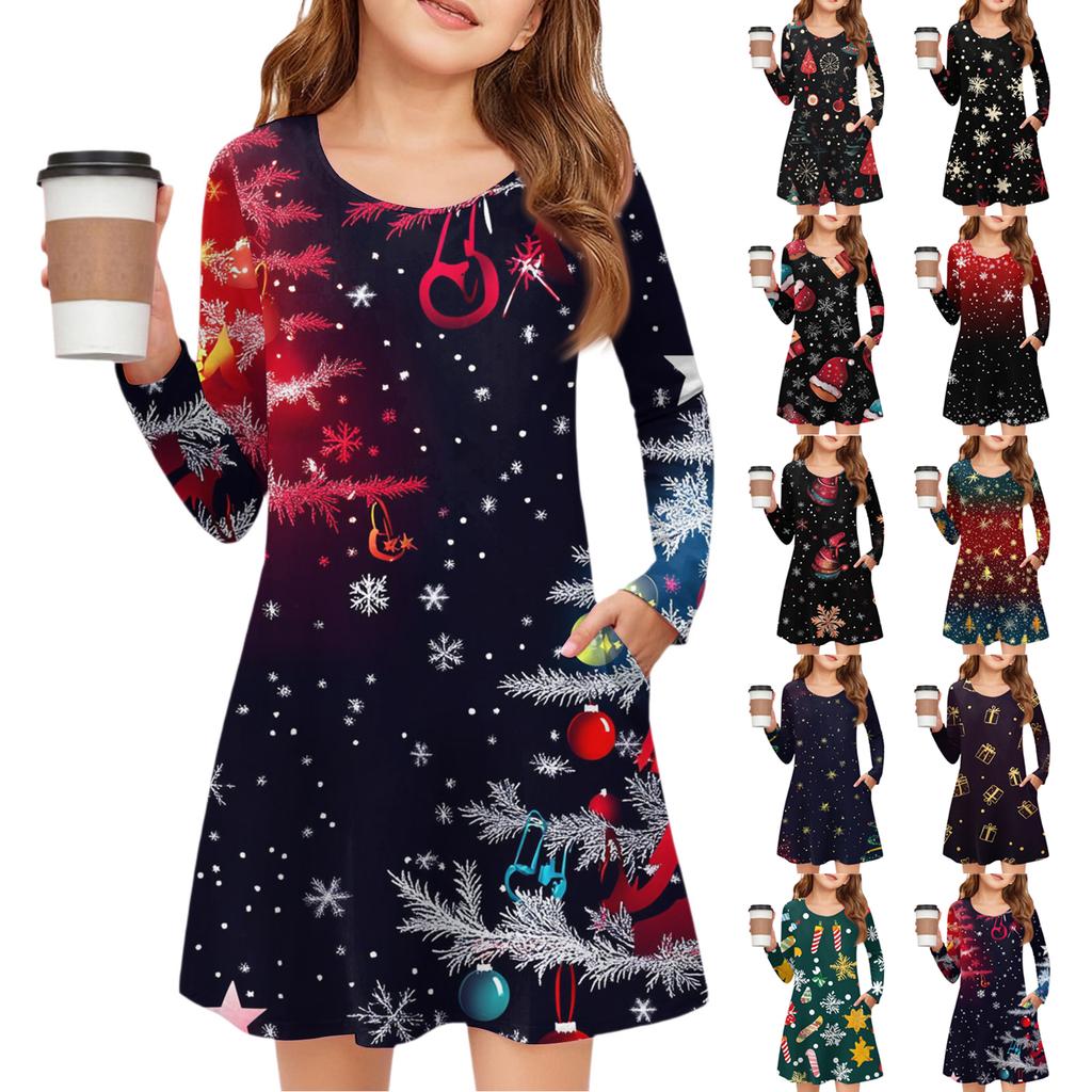 Christmas Day Girls' Long Sleeve Dress - Color Pocket Dress