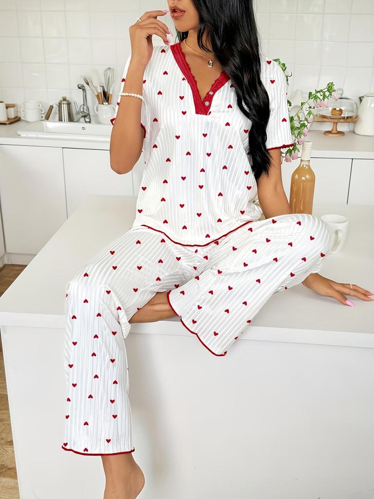 Spring and Autumn Women's Wide-Leg Print Pajama Set: Comfortable Short Sleeve Top and Long Pants for Indoor/Outdoor Wear.