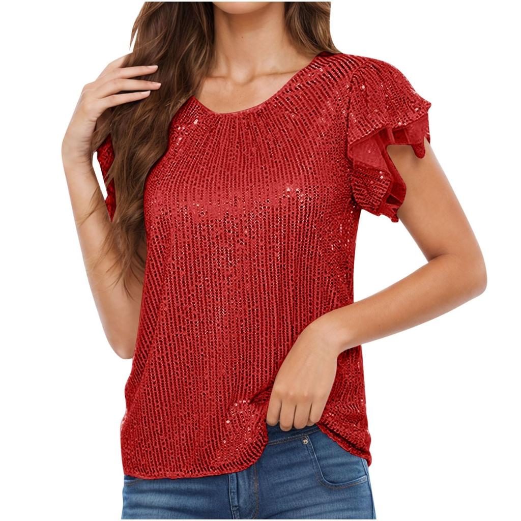 Women's Fashion Solid Color Round Neck Ruffle Sleeve Sequins Casual Blouse Tops