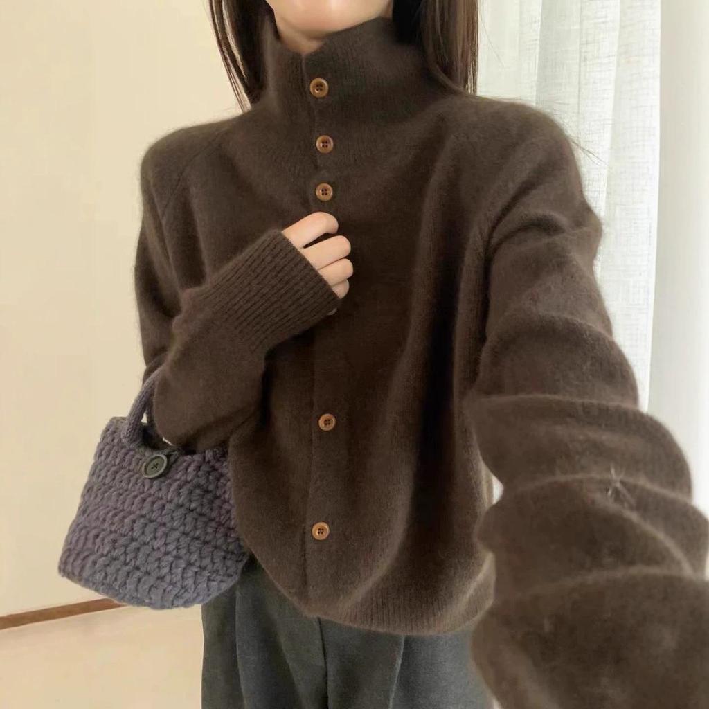 Women's Wool High Neck Knit Cardigan Coat - Autumn Winter Stand Collar Sweater, Soft and Thick.