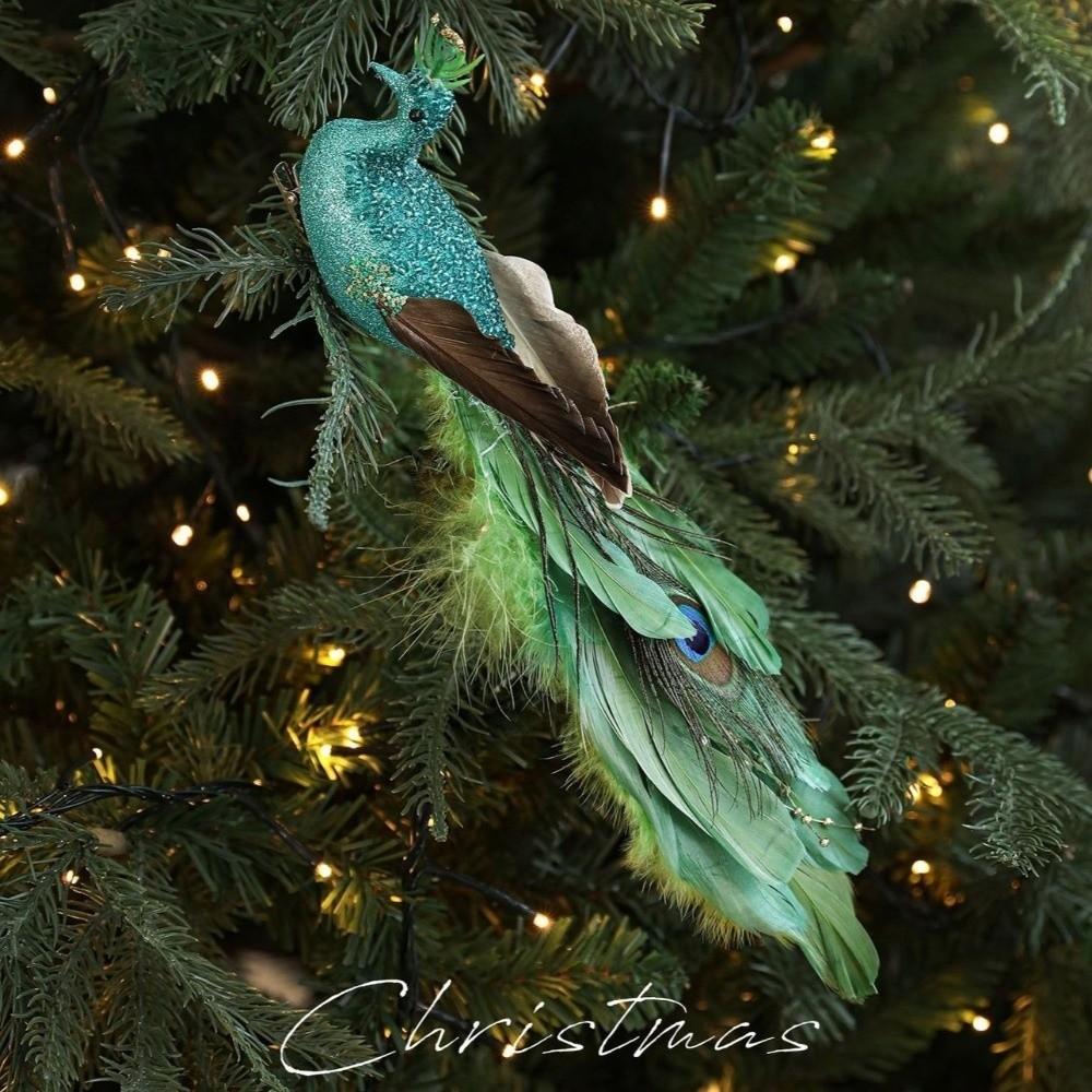 Long Tail Christmas Peacock Ornaments Realistic Glimmering Feather Artificial Peafowl Ornaments with Clip Handmade