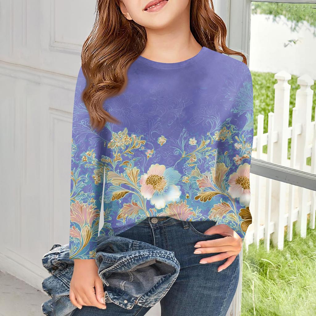 Футболки с длинным рукавом для девочек, детские осенние топы, с круглым вырезом, с принтом, базовые футболки