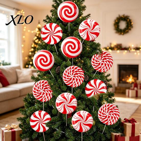 Reusable Outdoor Christmas Ornaments 12Pcs Candy Yard Stakes, Hollow Board Garden Decor with Metal Spikes, Photo Booth Backdrops Red White Green Lawn