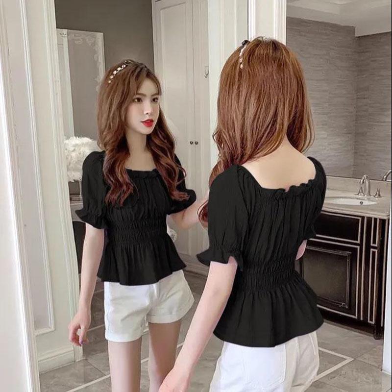 Короткая шифоновая рубашка с квадратным вырезом, топ с пышными рукавами, женская тонкая рубашка с коротким рукавом, женские блузки, простой повседневный стиль