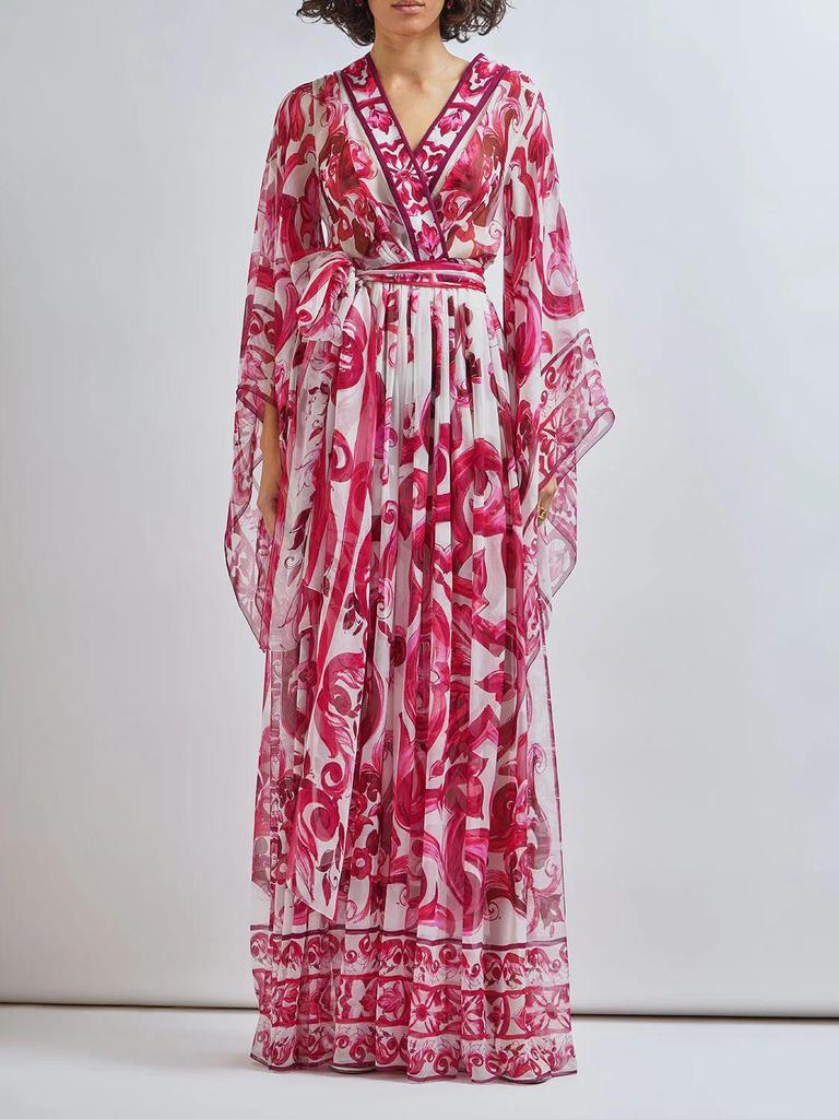European & American Women's Chiffon Silk V-Neck Floral Print Maxi Dress
