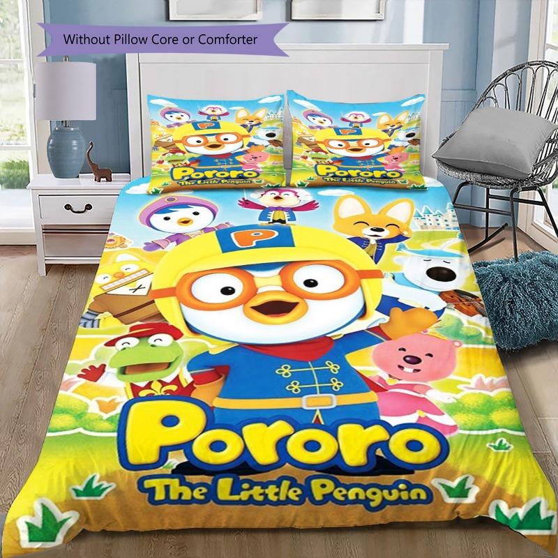 Pororo The Little Penguin Cartoon Character Print 3‑Pieces Duvet Cover Set Anime Bedding Without Pillow Core or Comforter