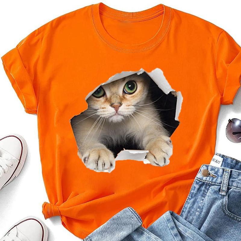 Cute Cat Print T-shirts For Women Summer Lovely Short Sleeve Casual Round Neck T-shirts Ladies Creative Personalized Tops