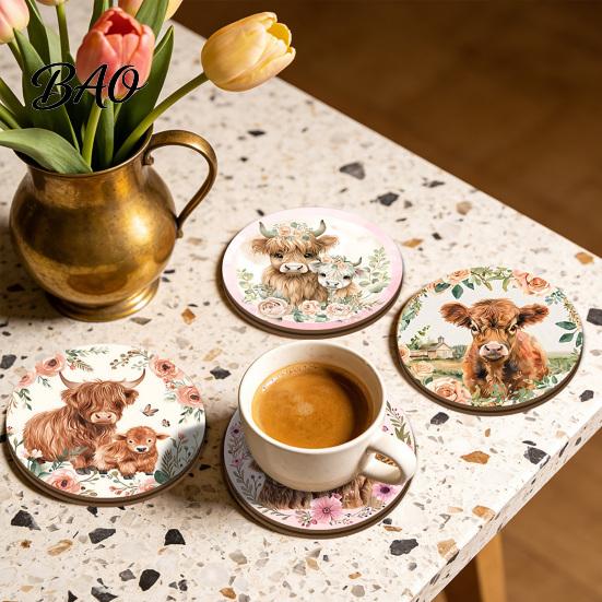 Unique Aesthetic Table Settings Highland Cow Cork Coasters, Cute Floral Farmhouse Drink Mats with Coffee Mug for Living Room Non-Slip Base,