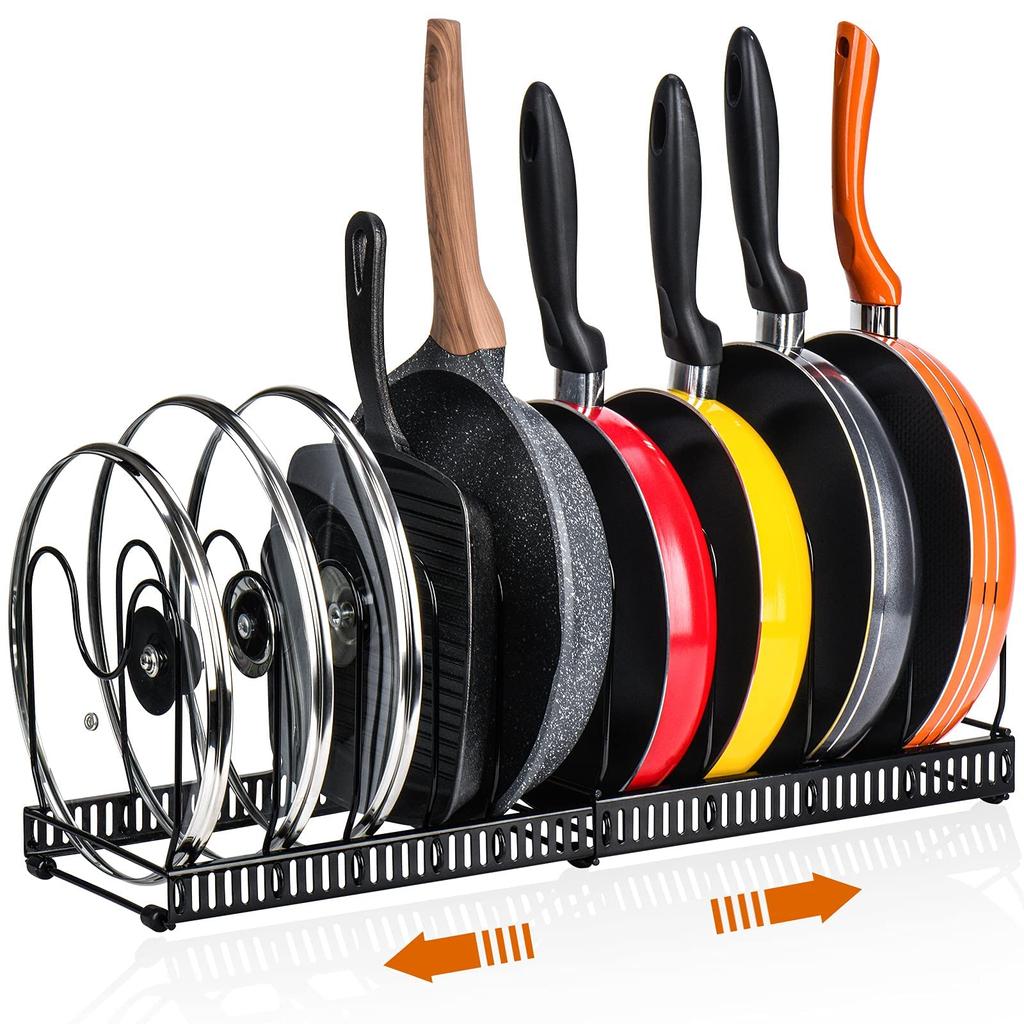 Toplife Telescoping Frying Pan Kitchen Pot Storage Rack with 10 Frying Pot Lid Holder Rack, Dividers, Pan, Pot, (Black)