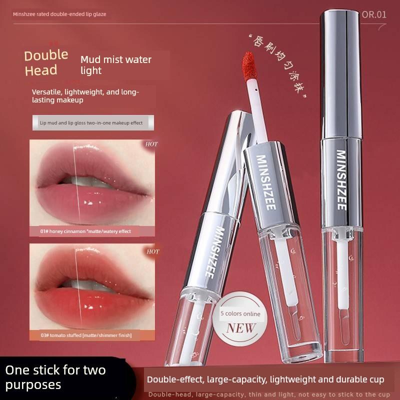 Authentic Recommended Double-Ended Lip Gloss, Mirror-Like Water Gloss Lip Mud, Matte Lipstick, Long-Lasting, Non-Fading, Non-Stick Cup, for Women