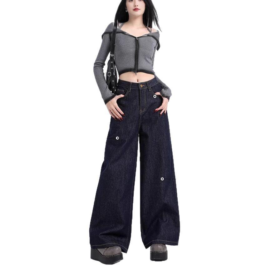 Женские ретро джинсы широкие от бедра с высокой посадкой темно-синие 2025 - Весенняя коллекция, Свободный крой, Расслабленный стиль, Прямые брюки