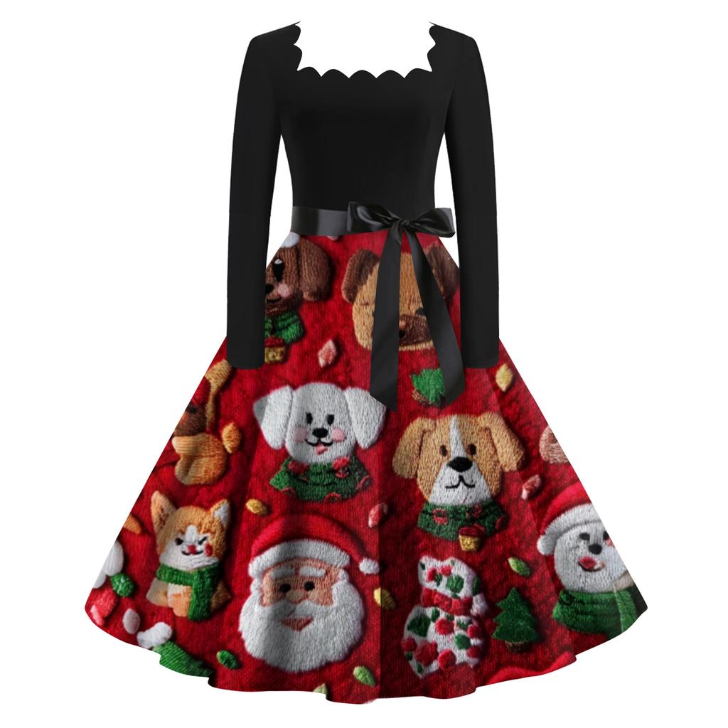 Женское модное ретро вечернее платье с длинным рукавом, квадратным вырезом и рождественским принтом