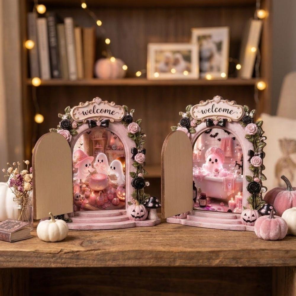 Pumpkin Mushroom Mini Wooden Ghost Door Figurine Rose Bow Mouse Ghost Door Frame Holiday Party
