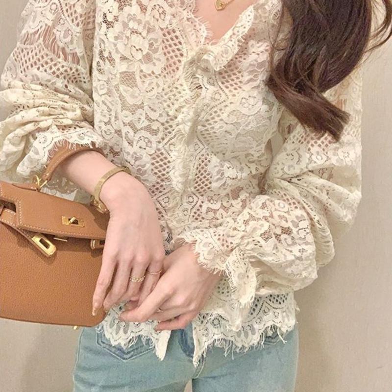 Французский кружевной топ, женская короткая тонкая кружевная рубашка с v-образным вырезом