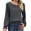Women Tops Round Neck Puff Long Sleeve Solid Color Tee Shirt with Waffle Decoration Solid Color Loose Fit T-shirt