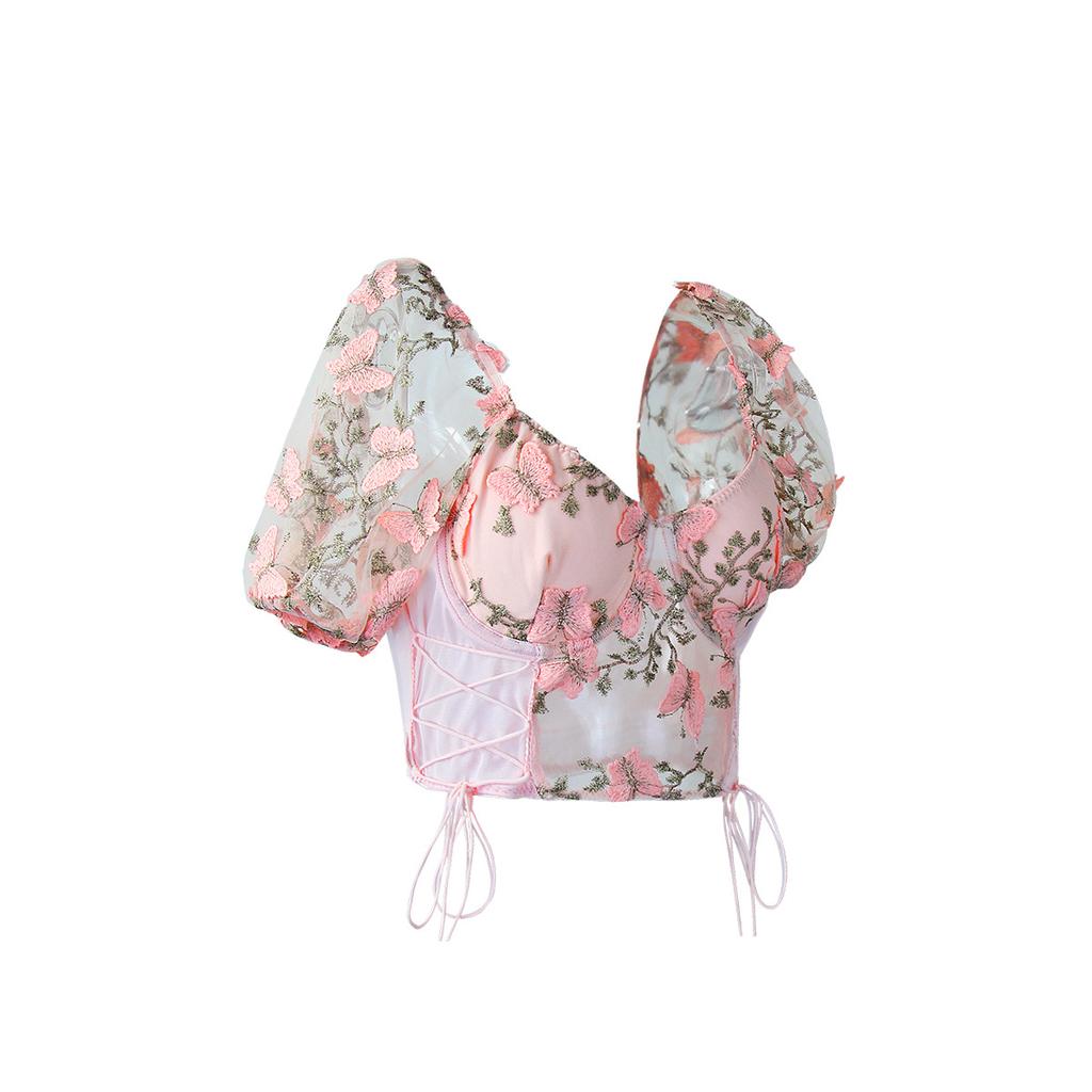 Casual V Neck  Shirt  Mesh Short Sleeve Crop Top Women Embroidered ButterflyT-shirt  Backless Tank Top Slim Female Crop Top Fashion Tee Shirt Y2k