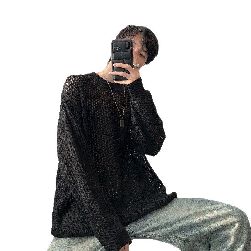 Men's Summer Thin Grid T-Shirt: Trendy Hong Kong Style, Hollow Knit, Long Sleeve, Round Neck Cover-Up