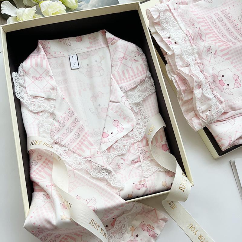Moe-Style Sweet Pink Kitten Pajamas: Soft Silk, Long-Sleeved & Long Pants for Women - Spring & Autumn Collection