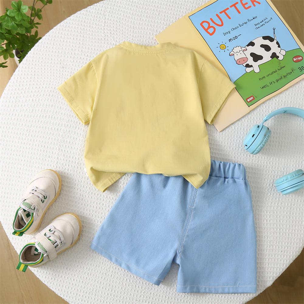 Детский комплект с короткими рукавами для мальчиков от 0 до 5 лет, повседневный топ с рисунком из мультфильма + джинсовые шорты, комплект из двух предметов, милая детская одежда