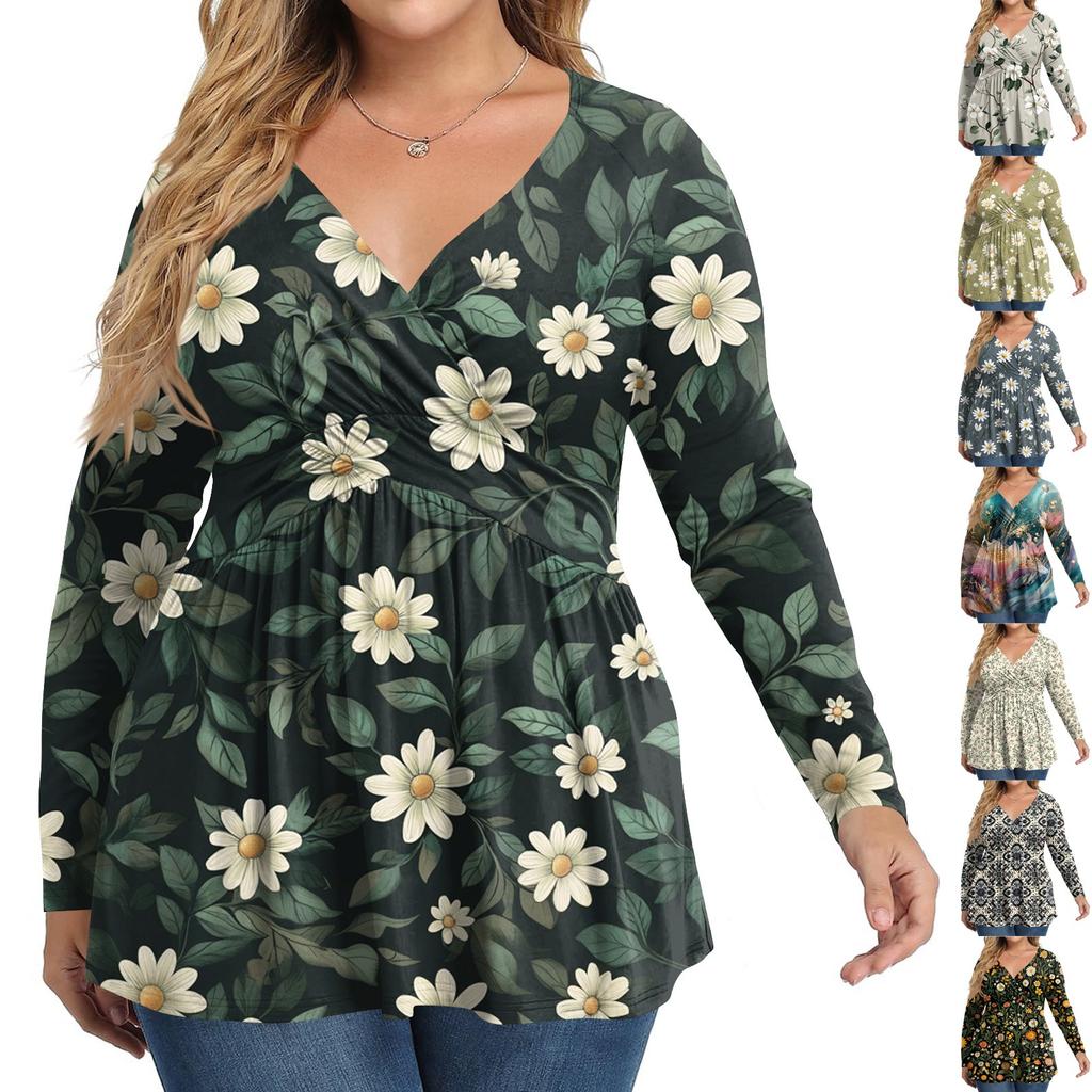 Women's Plus Size Shirt Long Sleeve Print Top Pleated Casual V-Neck Top