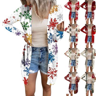 Женский повседневный кардиган с длинным рукавом и рождественским принтом с карманами