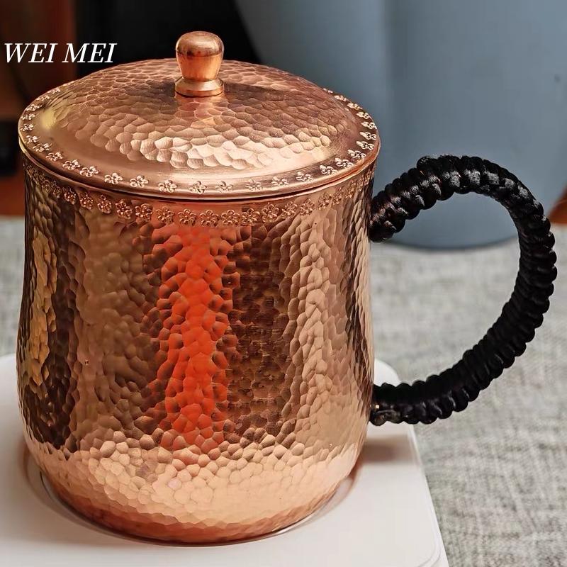 Винтажная Медная Кружка для Кофе, Утолщенная, с Крышкой, 500 мл, Стакан для Холодных Напитков, Ручная Работа, Текстура Молотка, Плетеная, Кружка для Чая, Посуда