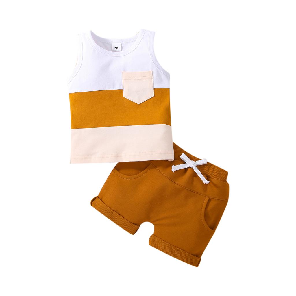 Baby Boys 2PCS Pants Suit, Sleeveless Patchwork Crew Tank Tees + White Straps Short Pants, Toddler Boys Casual Outfit