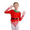 Kids Dance Leotard Christmas Costume Long Sleeve Stripes Brass Bells Belt Athletic Wear