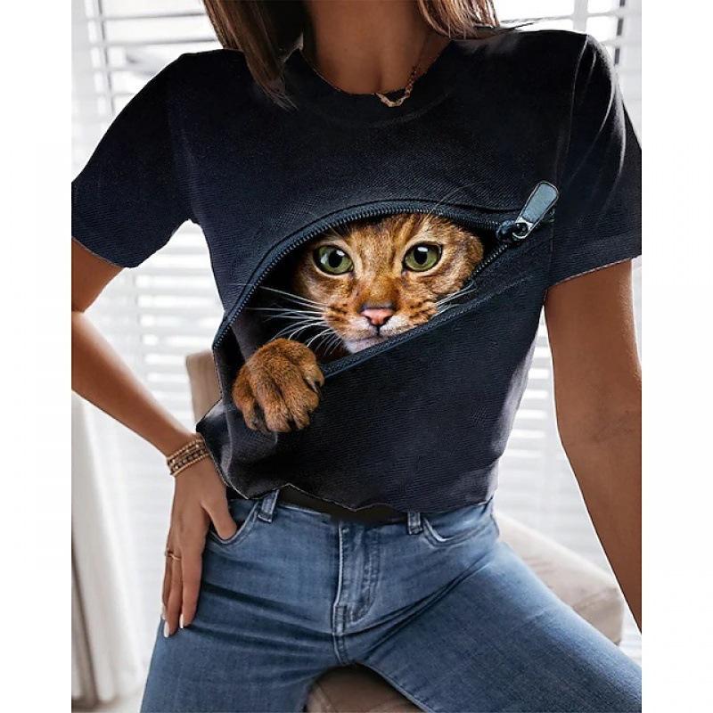 Animal Series Digital 3D Printed Men's Women's Short Sleeved T-shirt Cute Cat Round Neck Base Top