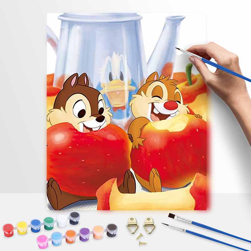 Disney Oil Painting DIY Digital Painting Chip and Dale with Apples and Donald Duck Teapot HandPainted Wall Art for Living Room.