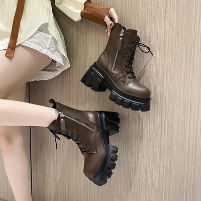 Модные осенние женские высокие ботильоны на платформе, зимние толстые подошвы, мотоциклетные ботинки, каблук 9,5 см, толстые металлические короткие кожаные кроссовки для женщин
