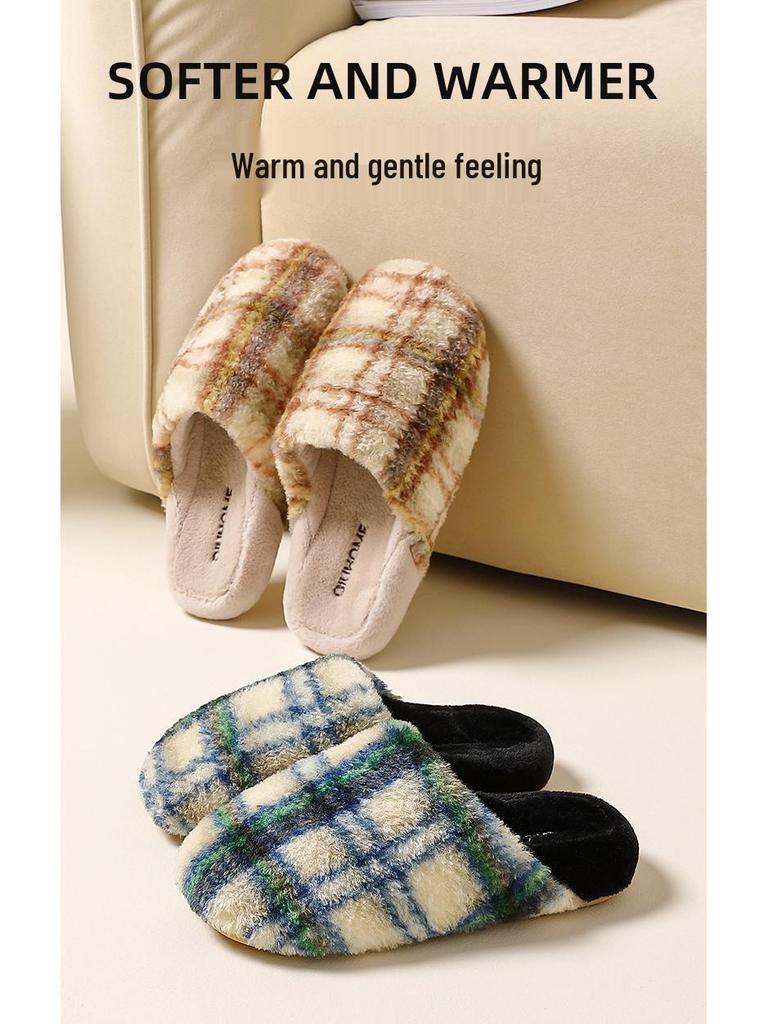 Thickened Autumn/Winter Plaid Stripe Cotton Slippers - Comfortable Unisex Homewear