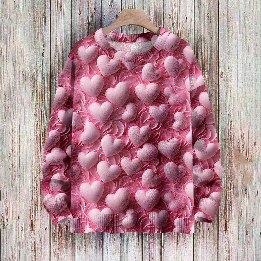 Свитшоты ко Дню святого Валентина с надписью «Сердце и любовь» для женщин, вязаный свитер, милая рубашка, осенний свитер с круглым вырезом, топы