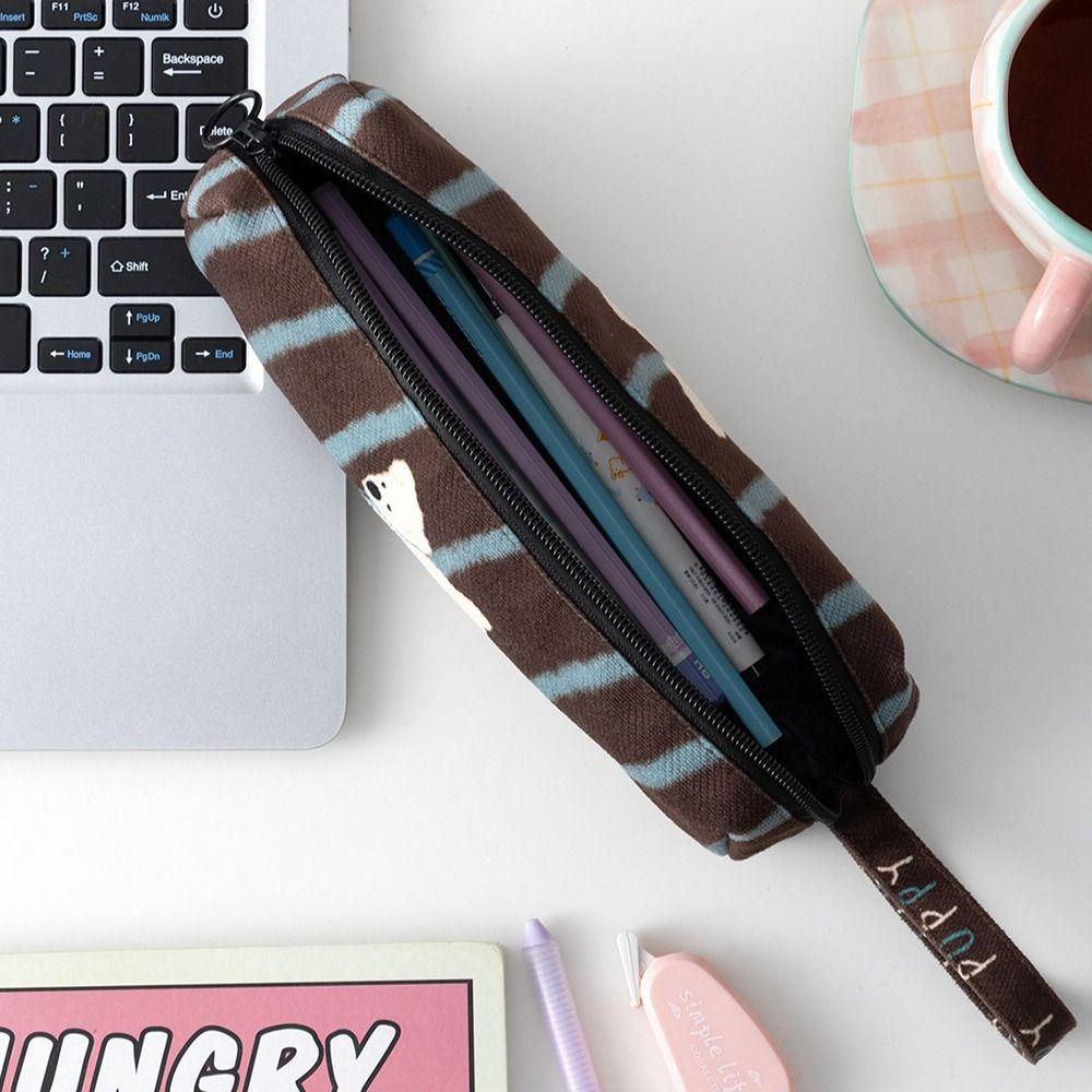 Striped Puppy Pattern Storage Bag Handheld Stationery Bag Portable Pencil Case Gift
