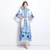 Весна Осень Женские Винтажный Принт Сине-Белый Фарфор Подиумные Платья Длинный Рукав Однобортное Длинное Макси Вечеринка Платье-Рубашка