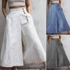 Women Wide Leg Pants Striped High Waist Pockets Casual Loose Flare Long Trousers Plus Size
