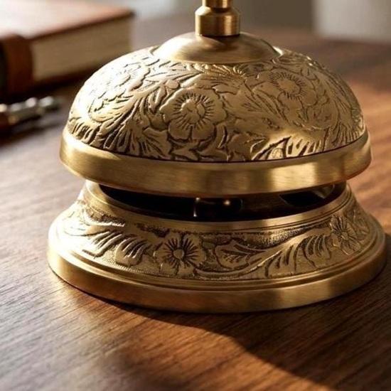 Brass Hotel Desk Bell: Hand Engraved Floral Service Bell