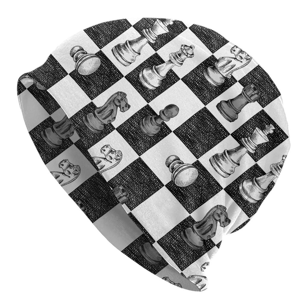 Board Game Chess Figures Checkered Accessories Beanies Black and White Checkboard Skullies Caps Stylish Hat Birthday Present