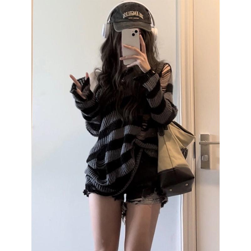 Готический уличный полосатый вязаный свитер, женский Harajuku, панк, джемпер с отверстиями, свободные универсальные топы в стиле гранж, E-girl