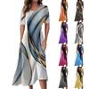 Ladies Casual Fashion Line Print V-Neck Short Sleeve Waist Long Swing Dress
